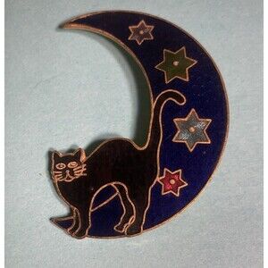 Vtg Enamel Blue Cloisonne Gold Tone Black CAT SITTING ON MOON  Pin Brooch RARE